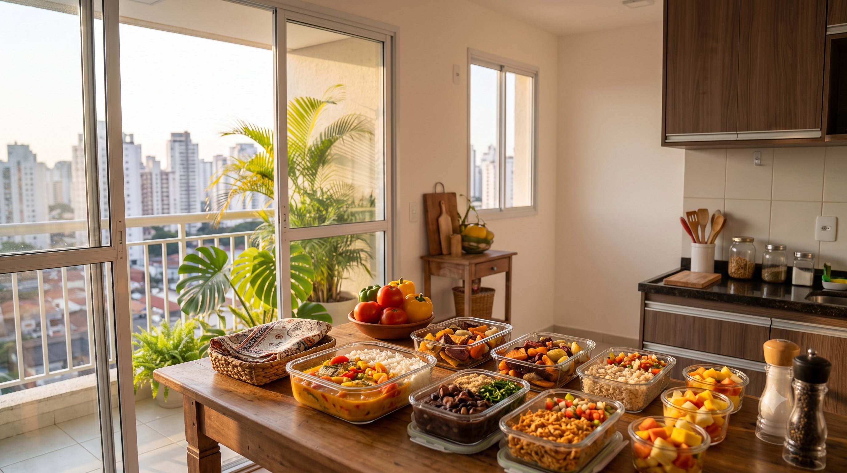 Marmitas e refeições caseiras prontas sobre a mesa da cozinha