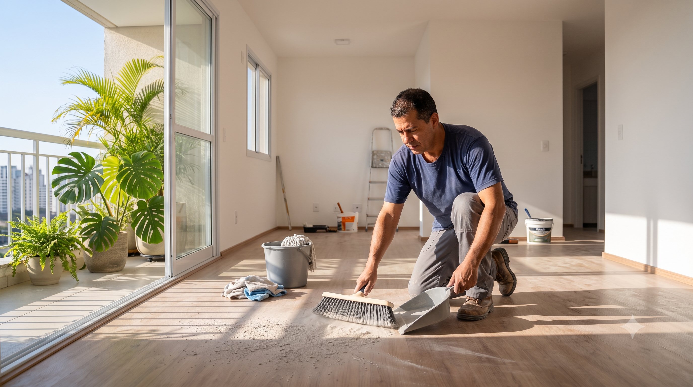 Profissional varrendo a poeira fina no piso de um imóvel após a obra